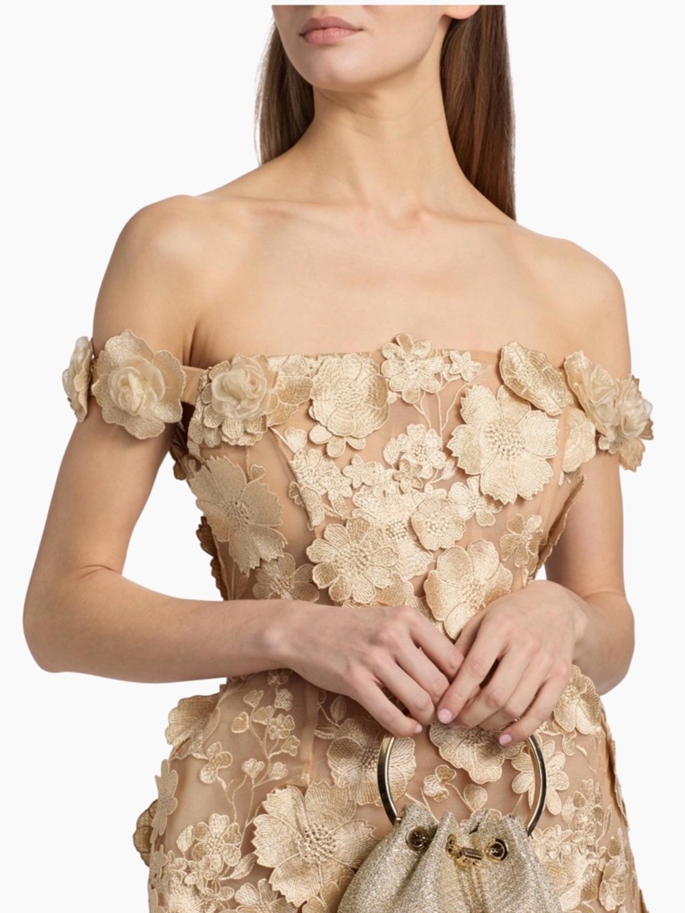 Bronx and Banco Off-Shoulder Floral Appliqué Mini Dress